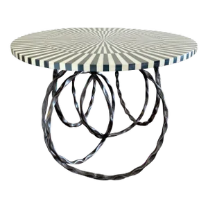 Patterned Black and White Stripe Round Top on Large Bronze Overlapping Loops Knots Infinite Layered Circles Round Roxy Dining Table by Made Goods