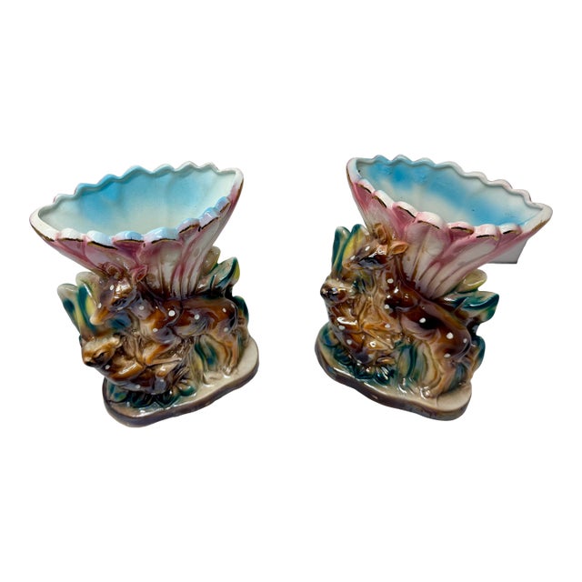 1950s Mid-Century Iridescent Glazed Ceramic Woodland Deer & Fawn Pocket Vases - A Pair For Sale