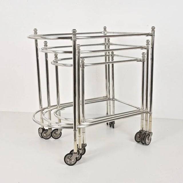 Silver Plated Brass Nesting Tables with Wheels from Maison Jansen, France, Set of 3 For Sale - Image 14 of 18