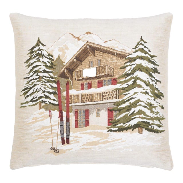 Alpine Skiing Lodge Tapestry Cushion With Feather Filler - 46x46cm (18"x18") For Sale