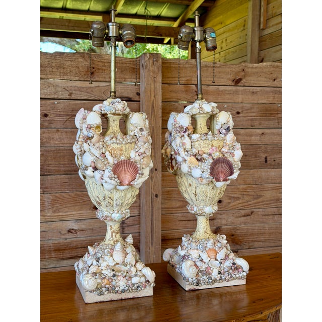Vintage Shell-Encrusted Carved Wood Urn Table Lamps - Pair For Sale - Image 12 of 12