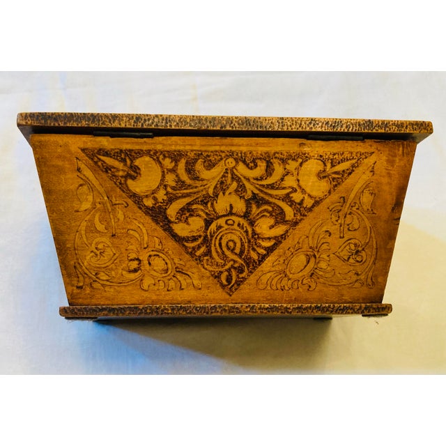 Antique mahogany wood decorative storage box with Pyrogravure designs of German Eagle, & botanical images on five sides