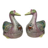 Late 20th Century Chinese Export-Style Famille Rose Armorial Porcelain Duck-Form Covered Tureens - a Pair For Sale