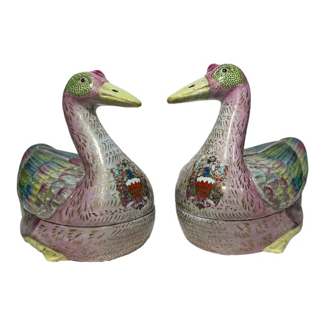 Late 20th Century Chinese Export-Style Famille Rose Armorial Porcelain Duck-Form Covered Tureens - a Pair For Sale