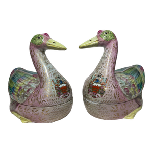 Late 20th Century Chinese Export-Style Famille Rose Armorial Porcelain Duck-Form Covered Tureens - a Pair