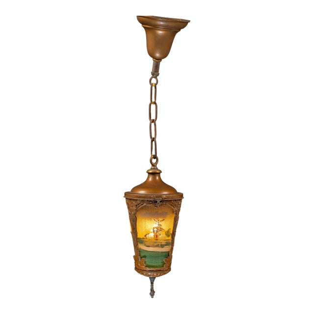Early 20th Century Art Nouveau Hanging Fixture With Reverse-Painted Shade For Sale