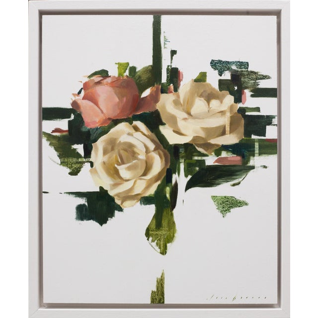 Recomposed No. 2 by Jon Doran | Oil on panel Painting of pink and cream roses with abstract elements For Sale