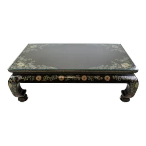 John Widdicomb Mid-20th Century Ming-Styled Coffee Table With Tempered Glass Top Painted in Floral Design With Glided Wreath Detailing