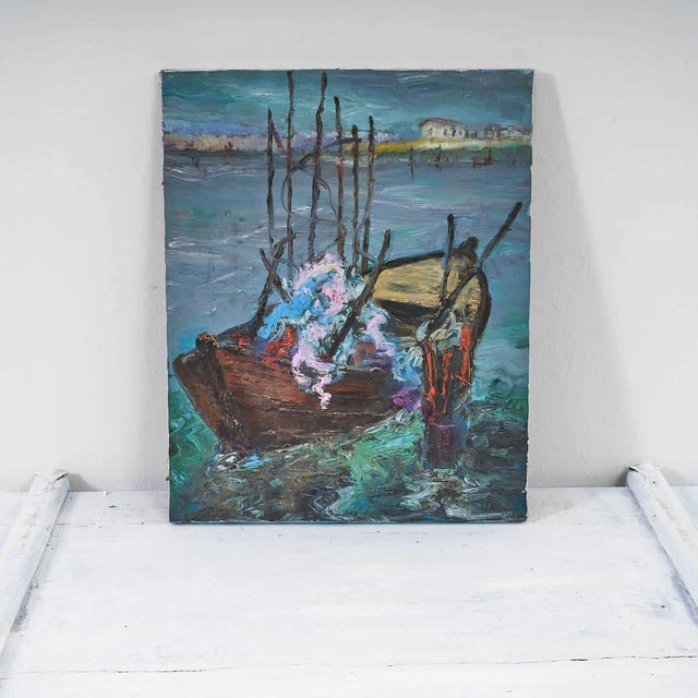 Maritime Oil on Canvas in Impressionist Style by Giovanni Lovetti, a painter born in Ferrara.