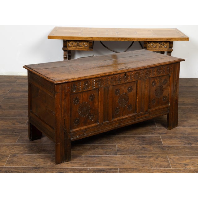 Late 17th Century English Oak Wedding Coffer with Monogram and Carved Rosettes For Sale In Atlanta - Image 6 of 12