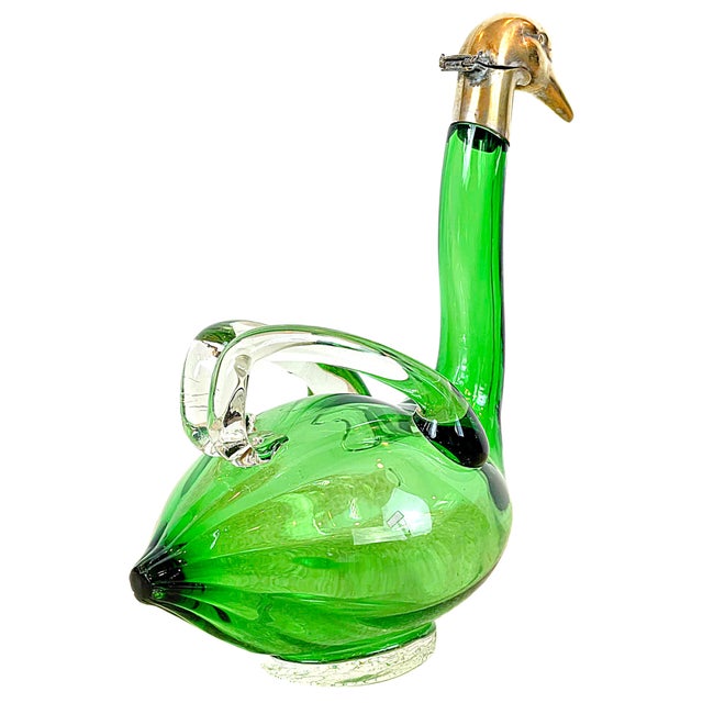 1920's Art Deco Austrian Brass & Emerald Green Crystal Swan Decanter Chairish