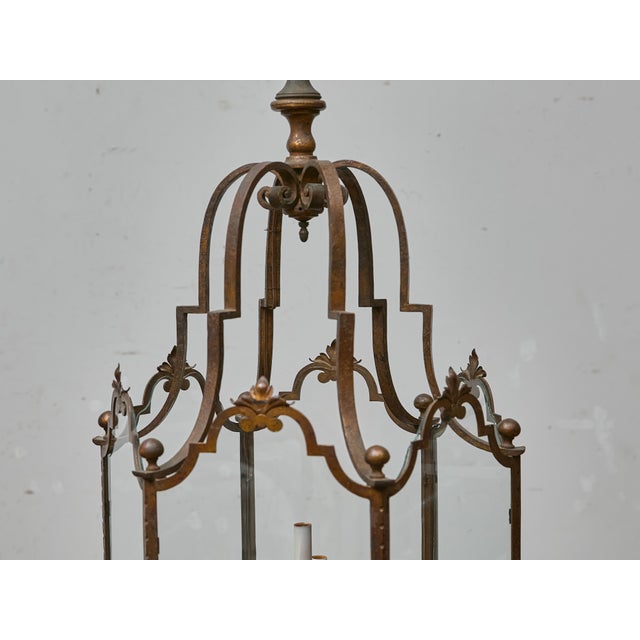 Tall French Wrought Iron Lantern With Glass Panels and Scroll Detailing - 1900s For Sale - Image 4 of 18