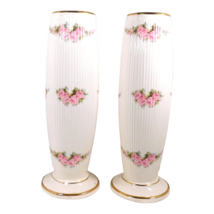 1950s Pair of Tall Ridged Pink Floral Vases