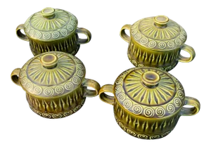 Mid-Century Green Ceramic Japanese Personal Soup Tureen- Set of Four