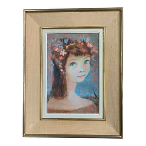 1950s French Portrait Oil Painting of a Young Girl by Pierre Lavazenne, Framed