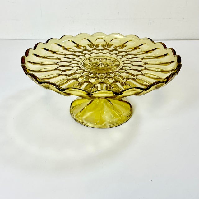 1940s Art Deco Boho Chic Hollywood Regency Indiana Glass Depression Yellow Cake Stand For Sale - Image 6 of 11
