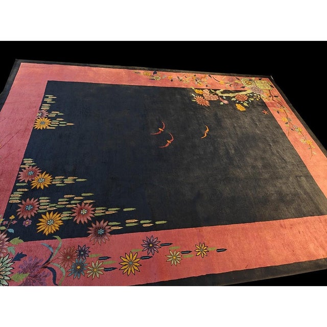 1920s Blue Navy Open Field Floral Antique Chinese Art Deco Carpet 9x11'8 Rug For Sale - Image 4 of 8
