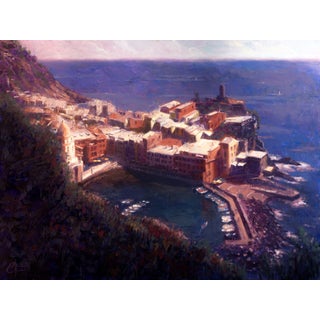 Cliffs of Vernazza by Christopher Clark | Oil on wood panel View of Vernazza village by the sea For Sale