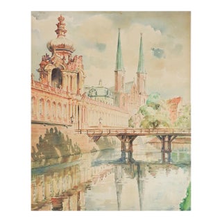 Vintage Dresden Crown Gate Palace Watercolor Painting For Sale