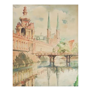 Vintage Dresden Crown Gate Palace Watercolor Painting