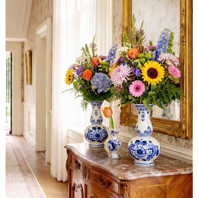 Antique Handmade Hand-Painted Delft Blue Delftware Knobbel Vase, Bulbous Bottle and Tulip Vase, Holland, 1920s, Set of 3 For Sale - Image 3 of 18