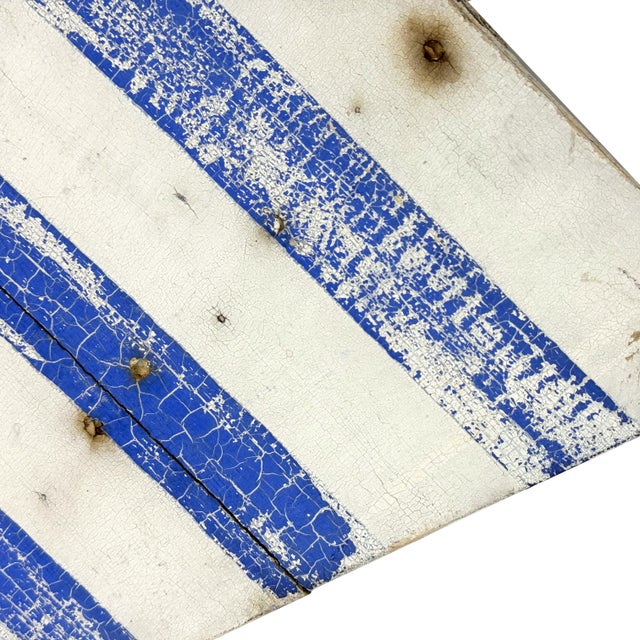 Blue Vintage 1950s Primitive Wooden Windmill Fan Blade Distressed Painted White & Blue Striped Wood For Sale - Image 8 of 10