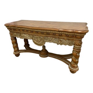 Early 20th Century Ornate Carved Wood Console Table With Gilt Acanthus Detail For Sale