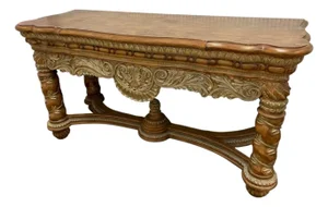 Early 20th Century Ornate Carved Wood Console Table With Gilt Acanthus Detail