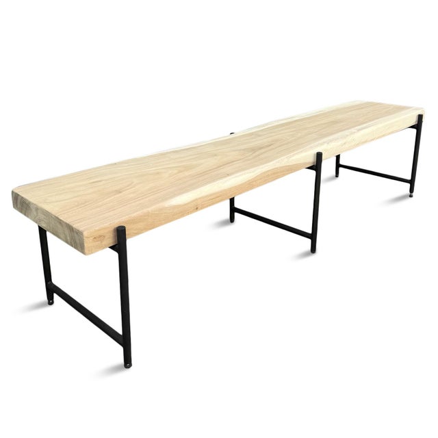 Modern acacia wood slab top bench with gunmetal blackened iron legs. Beautiful two tone wood with natural grain.