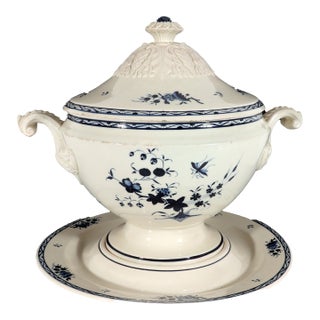 Early 19th Century Nimy Belgian Faience Large Blue & White Chinoiserie Soup Tureen, Cover & Stand For Sale