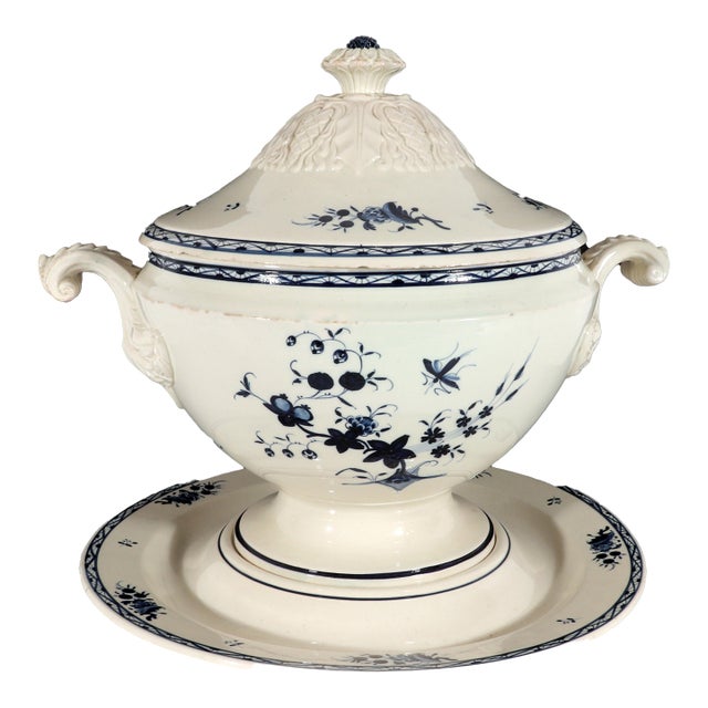 Early 19th Century Nimy Belgian Faience Large Blue & White Chinoiserie Soup Tureen, Cover & Stand For Sale