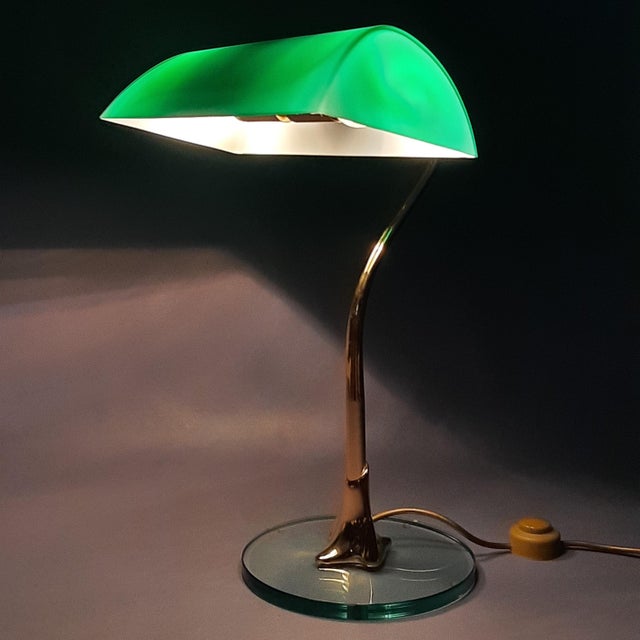 Banker Table Lamp in Polished Brass with Satin Green Glass Shade, 1970s For Sale - Image 6 of 16