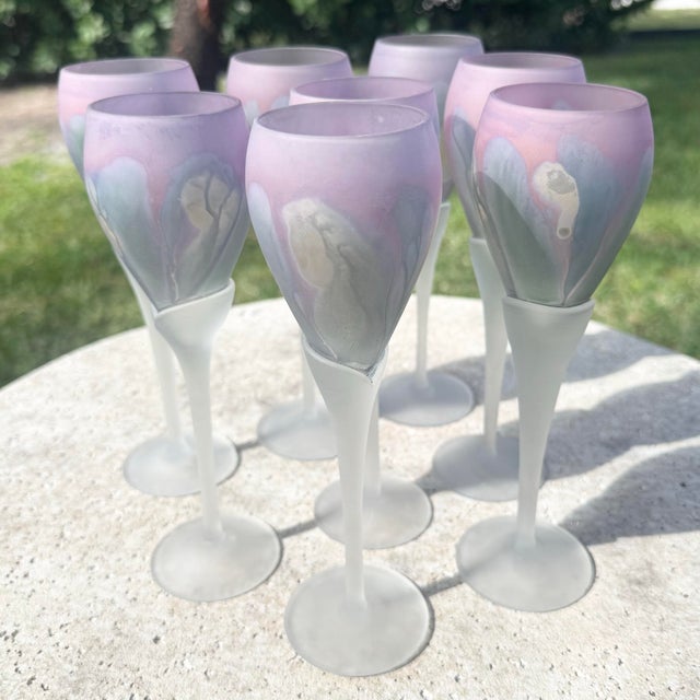 Transparent Late 20th Century Art Nouveau Hand Painted Watercolor Frosted Wine Glasses by Reuven - Set of 8 For Sale - Image 8 of 10