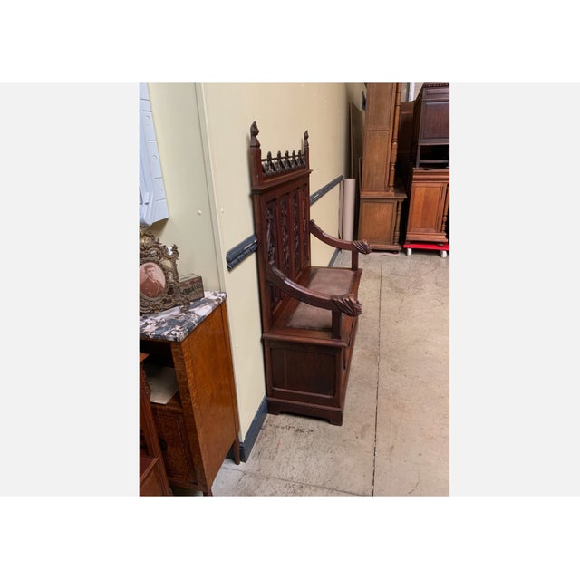 Wood Antique Neo-Gothic Bench, 1880 For Sale - Image 7 of 11