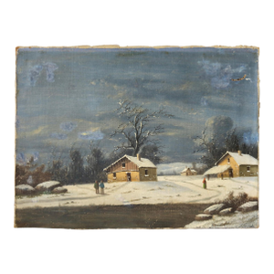 Antique French Winter Farm Oil on Canvas