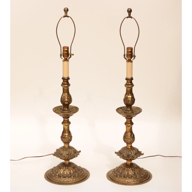 Early 20th Century French Doré Bronze Style Candlestick Lamps - a Pair For Sale - Image 5 of 11