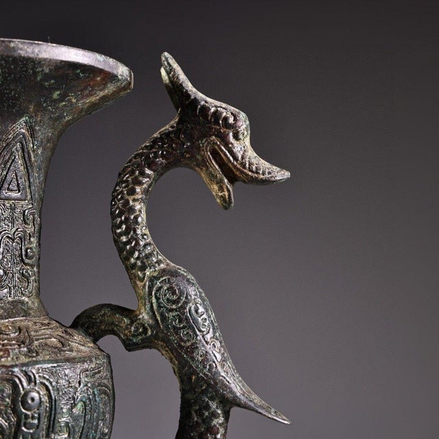 Pair of Chinese Archaistic Bronze Vases With Dragon Handles For Sale - Image 4 of 10