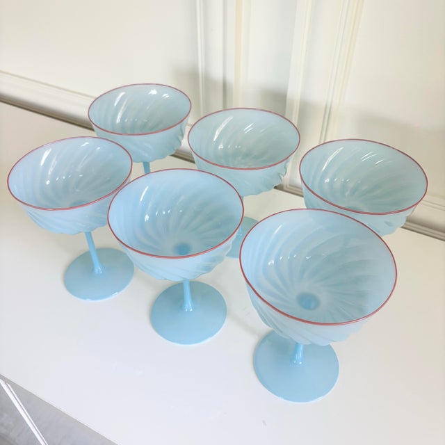 Baby Blue Ripple Optic Swirl Coupe Champagne Coctail Glasses (Set of 6) For Sale In Chicago - Image 6 of 8