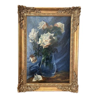 Mid 20th Century Vase of Roses on Blue Painting, Framed For Sale