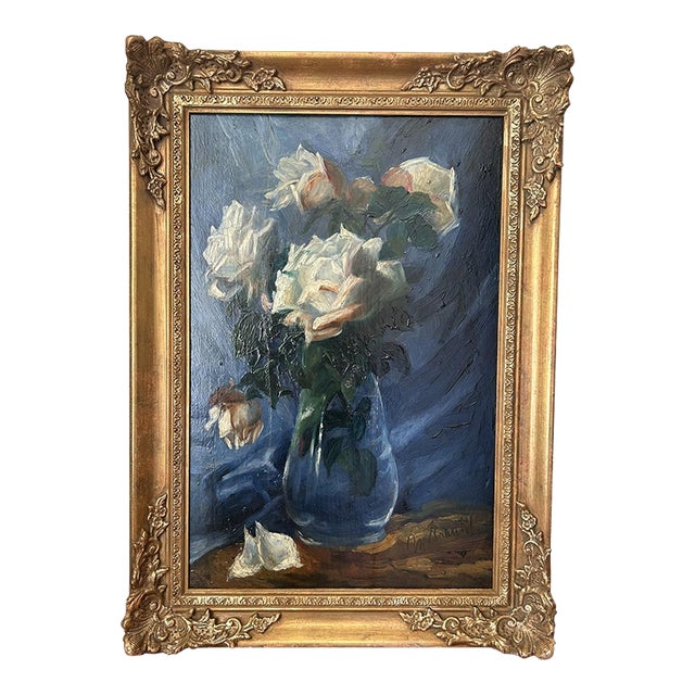 Mid 20th Century Vase of Roses on Blue Painting, Framed For Sale