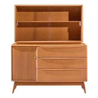 Heywood Wakefield Mid Century Champagne Tambour Door Sideboard Credenza With Hutch For Sale