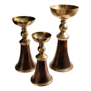 Set of 3 Large Brass and Faux Tortoiseshell Candle Holders For Sale