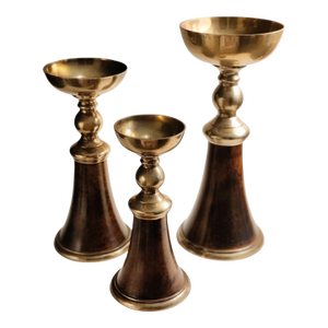 Set of 3 Large Brass and Faux Tortoiseshell Candle Holders