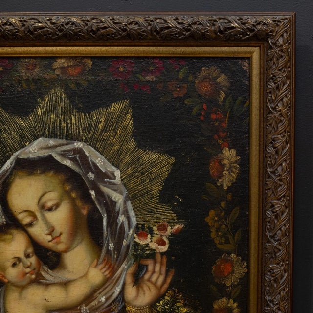 Madonna & Child, Peru, Oil on Canvas Painting Pre 1970 For Sale - Image 9 of 9