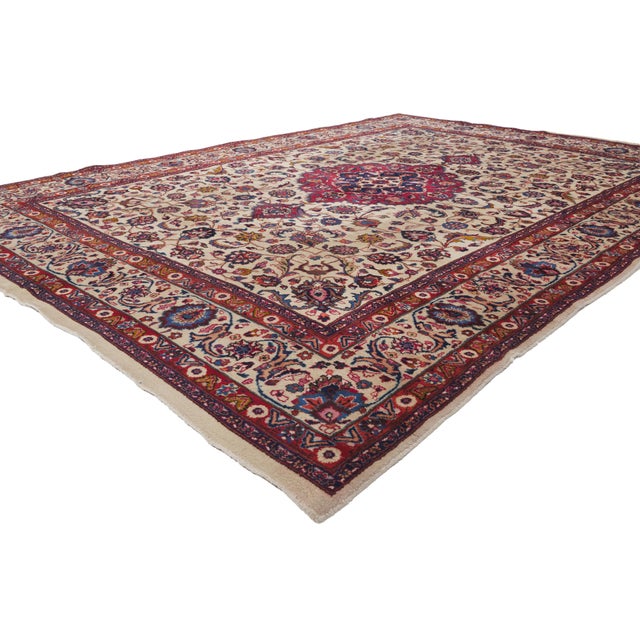 74418 Signed Antique Persian Mashhad Rug, 08'00 x 11'02. The Sovereign Bloom: An Antique Persian Mashhad Masterpiece of...