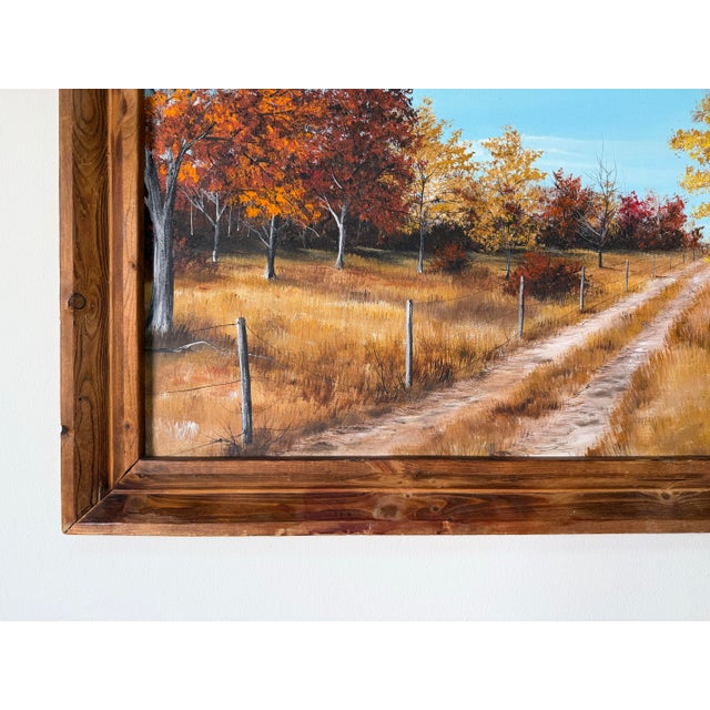 Burnt Orange 1970’s B. J. Bailey Autumn Country Path Landscape Oil on Canvas Painting, Rustic Wood Framed For Sale - Image 8 of 12