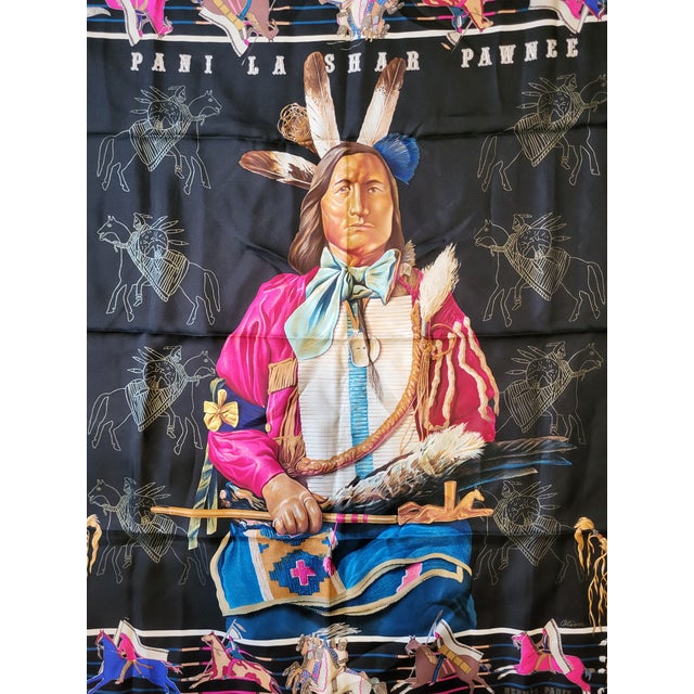 Vintage Hermes France Carre 90 graphic, 'Pani La Shar Pawnee' designer scarf. Designed by Kermit Oliver in the 1980's....
