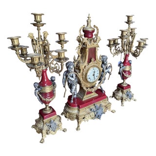 Louis XV Clock and Candelabras in Bronze and Red Marble, Set of 3 For Sale