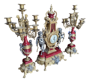 Louis XV Clock and Candelabras in Bronze and Red Marble, Set of 3
