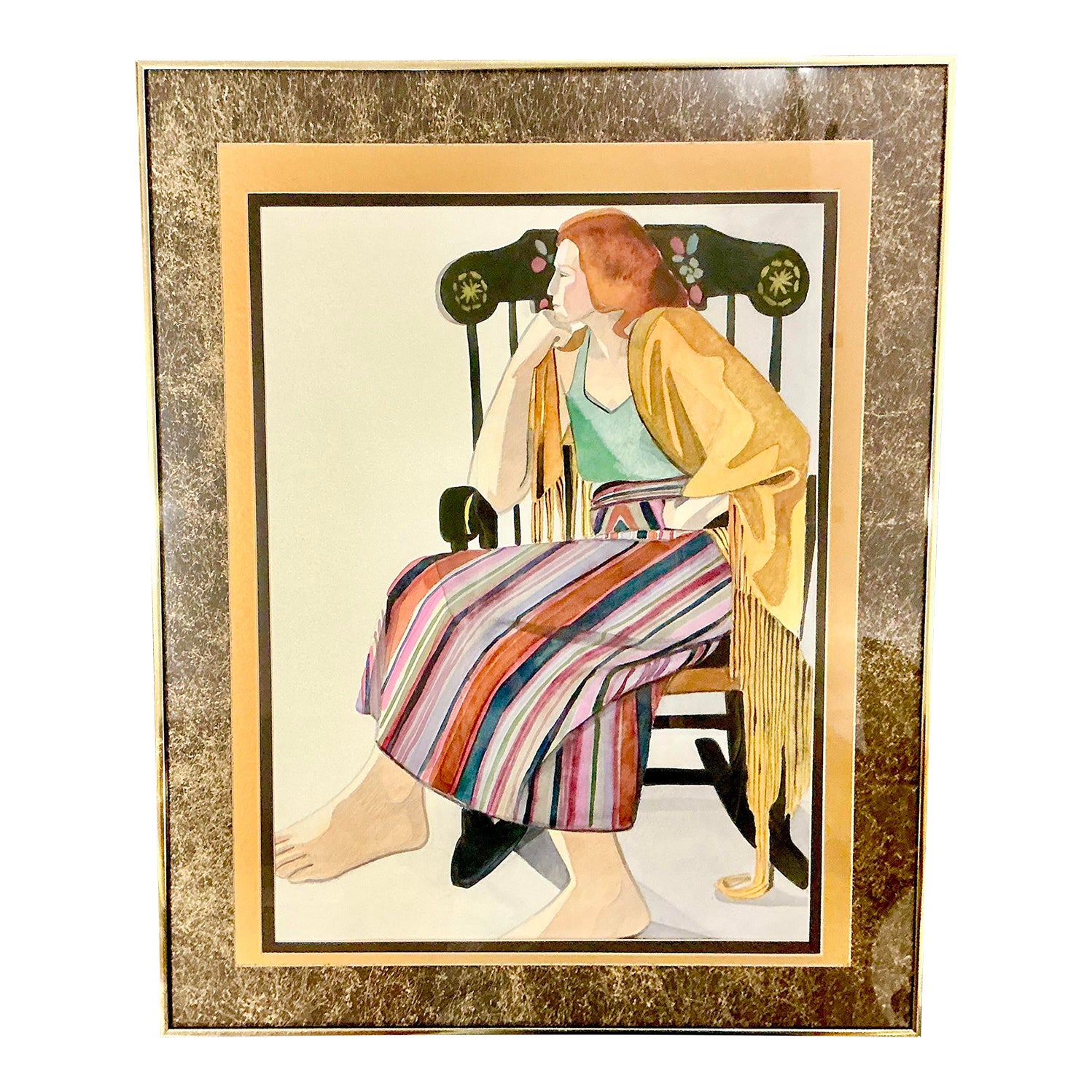 1970s Mid-Century Impressionist Watercolor Painting, Woman in Rocker ...